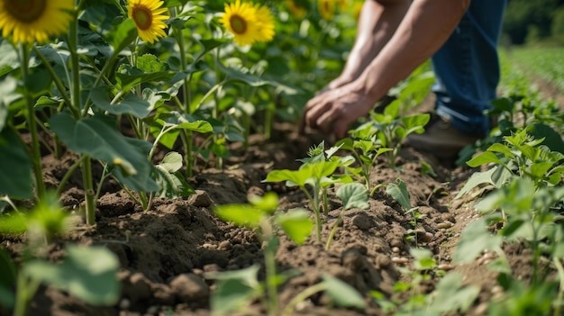 A worker tends to a small patch of interplanted sunflowers and soybeans skillfully utilizing