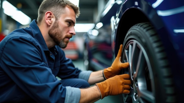 Photo worker tightening car wheel bolts in a garage emphasizing safety and precision