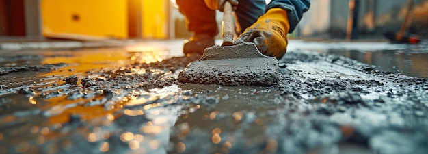 A worker troweling wet concrete onto a cement floor