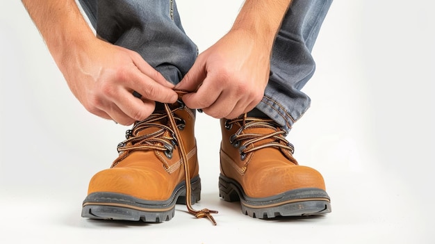 Worker tying the laces of robust work boots closeup set against a pure white background