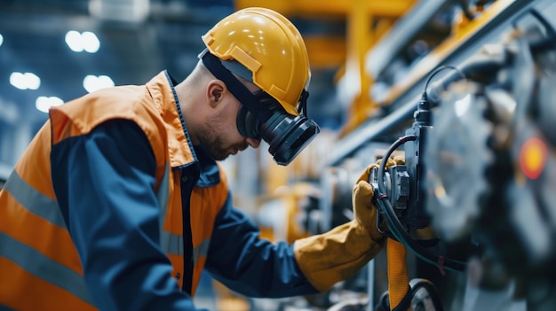 Photo worker using augmented reality glasses to perform maintenance on machinery use of ar technology enhances precision and reduces errors in complex industrial tasks