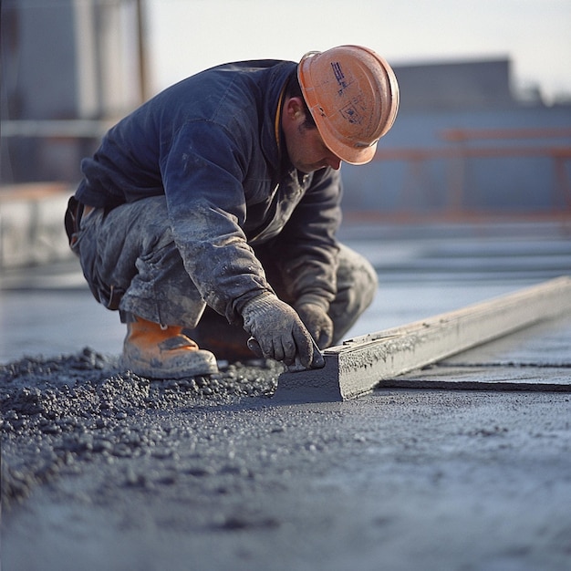 A worker using a concrete tamping tool to compact a slab