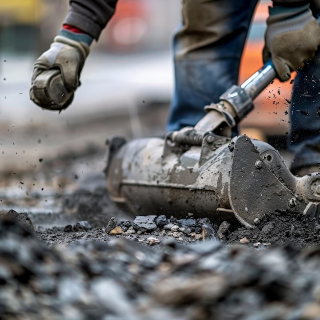 Photo worker using a jackhammer to break up asphalt on a construction site showcasing industrial tools and labor in an urban environment