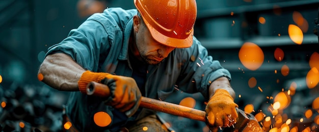 Photo a worker using a jackhammer surrounded by vibrant sparks and the intensity of the task