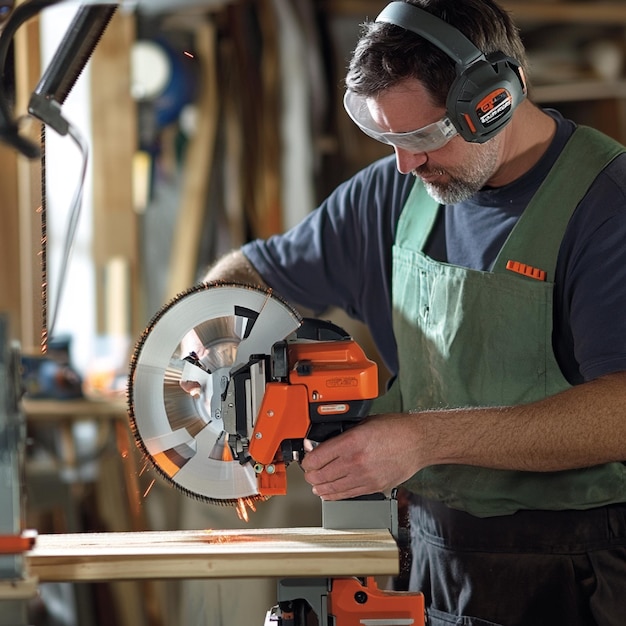 Photo a worker using a power miter saw to make precise angle cuts