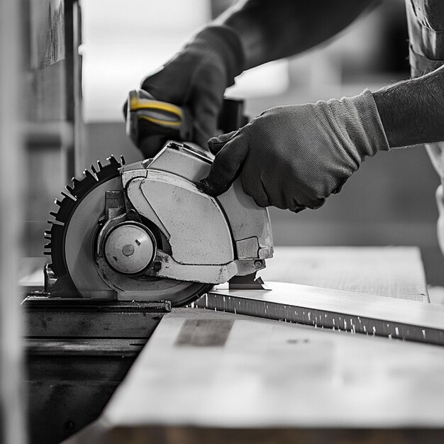 Photo a worker using a power miter saw to make precise angle cuts