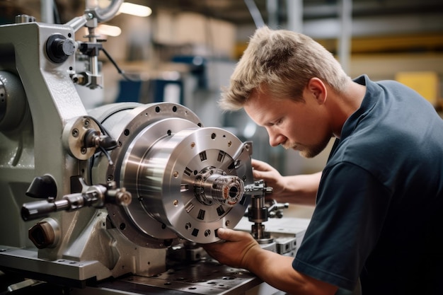 Photo a worker using a precision tool on a lathe to create intricate metal components showcasing the craftsmanship and technical skills involved in manufacturing