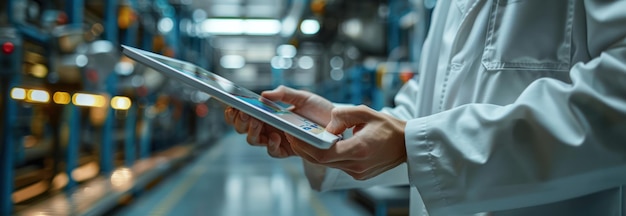 Photo worker using tablet in factory