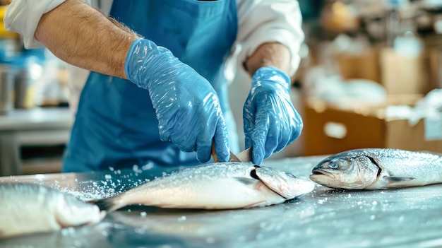 Photo a worker in a vibrant blue plastic apron and rubber gloves skillfully prepares fish at a factory showcasing meticulous craftsmanship in sunlight