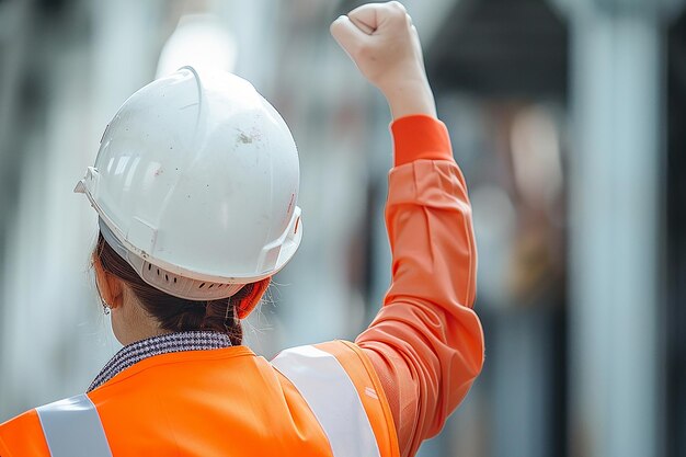 Photo a worker wearing a hard hat is raising his fist