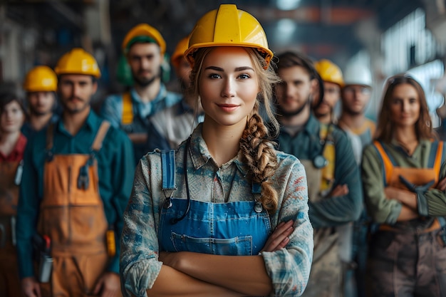 Worker wearing helmet on the construction site in a World Labor Day