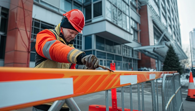 Photo a worker wearing a orange hard hat is working on a construction site