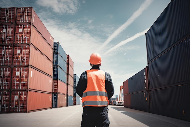 a worker wearing a safety helmet and reflective vest while standing in front of container terminal