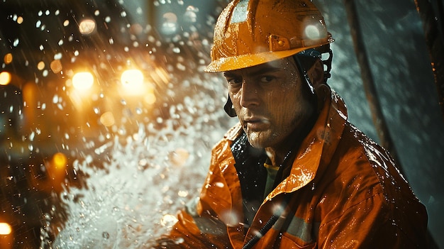 Worker Wearing a Safety Helmet Works on a Drilling