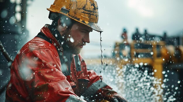 Photo worker wearing a safety helmet works on a drilling