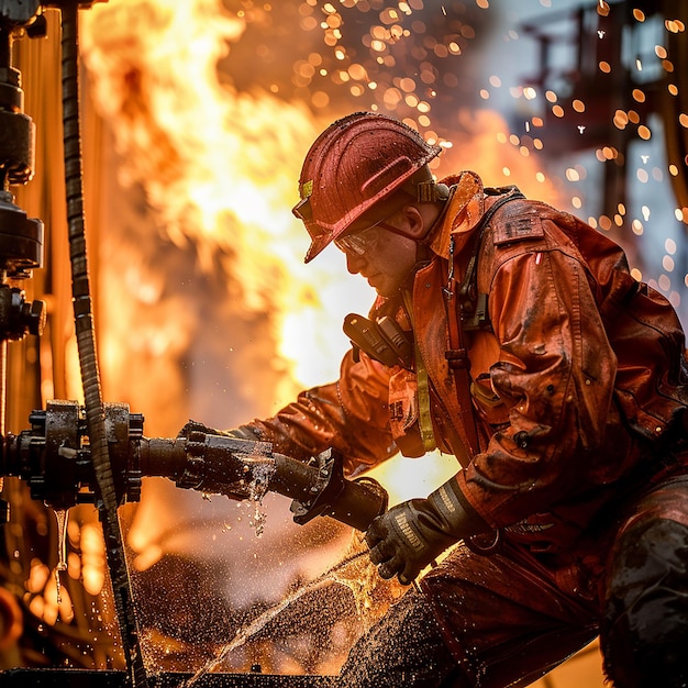 Worker Wearing a Safety Helmet Works on a Drilling