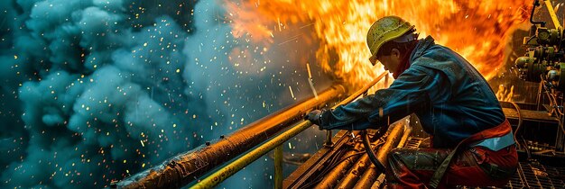 Worker Wearing a Safety Helmet Works on a Drilling