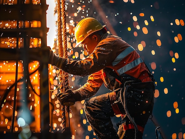 Worker Wearing a Safety Helmet Works on a Drilling