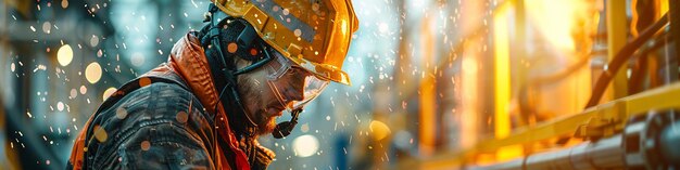 Worker Wearing a Safety Helmet Works on a Drilling