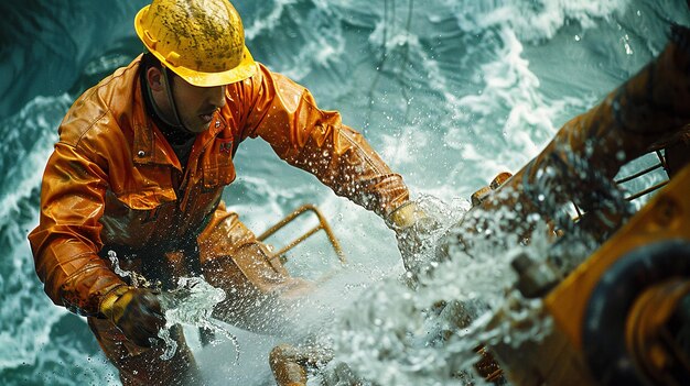 Worker Wearing a Safety Helmet Works on a Drilling