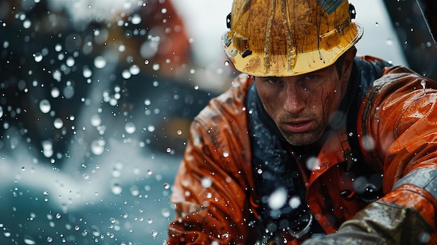 Worker Wearing a Safety Helmet Works on a Drilling