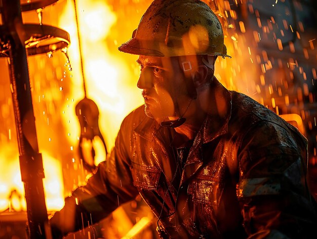 Worker Wearing a Safety Helmet Works on a Drilling