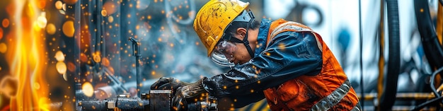 Worker Wearing a Safety Helmet Works on a Drilling