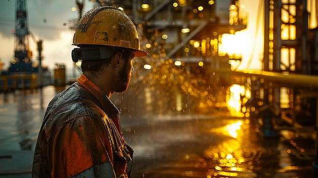 Worker Wearing a Safety Helmet Works on a Drilling