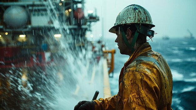 Photo worker wearing a safety helmet works on a drilling