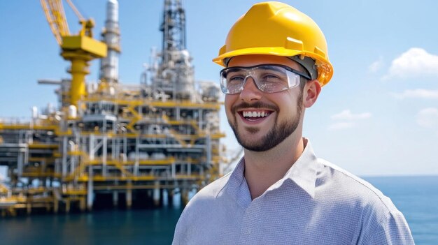 A worker wearing a yellow hard hat and safety glasses smiles confidently while standing in front of an offshore oil rig on a sunny day with a clear sky overhead