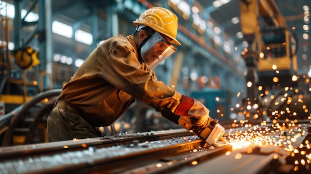 Photo a worker who is welding he is wearing a yellow helmet and protective clothingai generated image