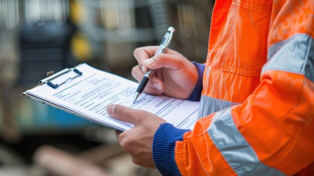 Worker with Clipboard Conducting Safety Audit A focused worker in a reflective safety vest holding a clipboard is conducting a thorough safety audit or inspection in an industrial setting