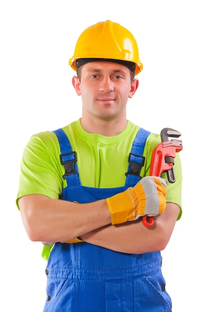 Worker with pipe wrench