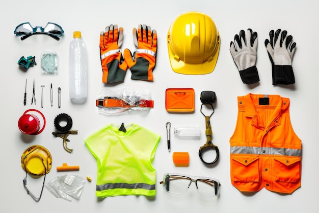 Photo worker with safety and health work protection equipment construction industry tools set background