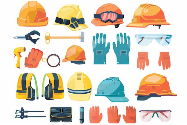 Photo worker with safety and health work protection equipment construction industry tools set background