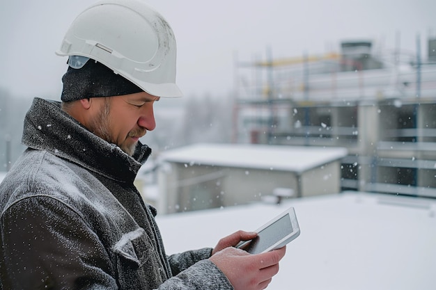 Worker with tablet on the roof of a building in the snow