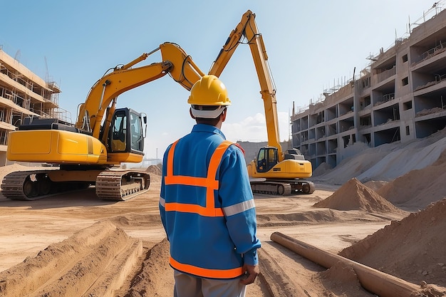 Photo worker in work clothes observing excavators on construction site