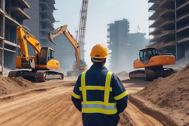 Photo worker in work clothes observing excavators on construction site