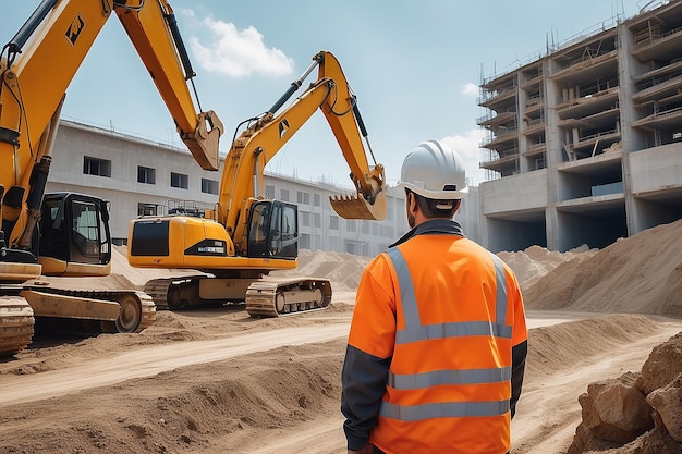 Photo worker in work clothes observing excavators on construction site