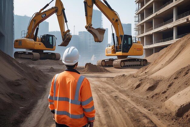 Photo worker in work clothes observing excavators on construction site