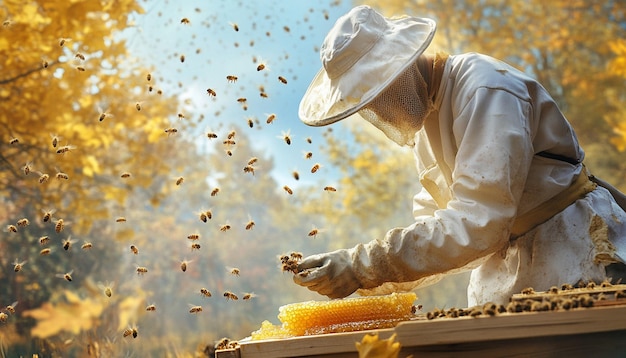 Photo a worker working on bee farm for collecting honey