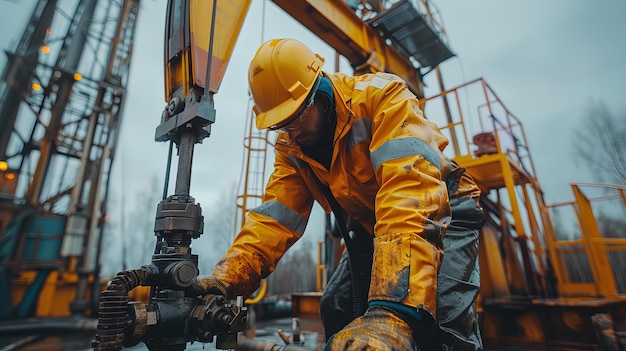 Photo worker working on pipelines at an oil well