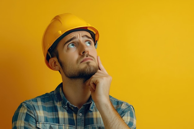 Worker in yellow helmet thinking and looks confused