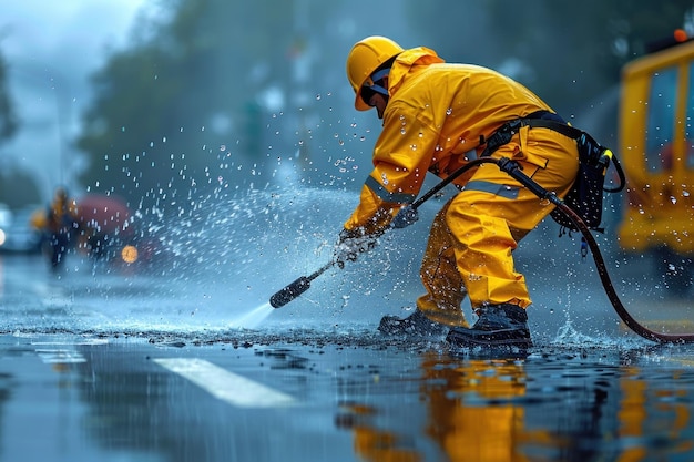 A worker in a yellow rain suit uses a highpressure water fed pole to clean a wet urban street with droplets sparkling around