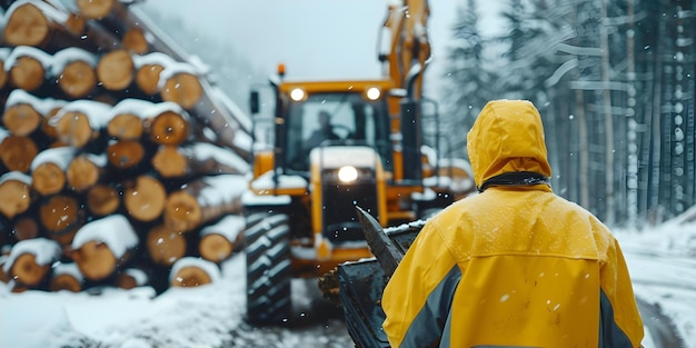 Photo worker in yellow raincoat operates machinery in snowy logging site manually concept snowy logging site yellow raincoat machinery operation manual work winter environment