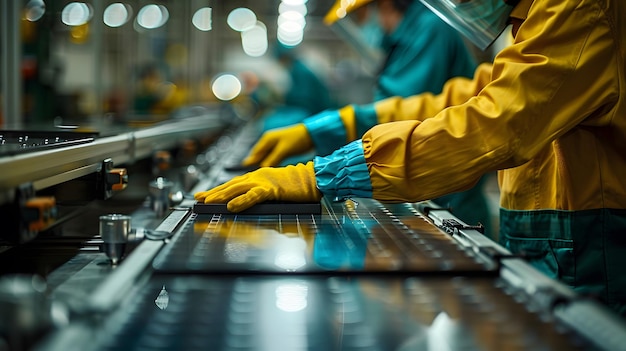 Photo worker in yellow suit handling solar panel on assembly line