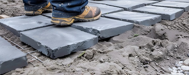 Photo worker39s foot stepping on concrete pavers during construction