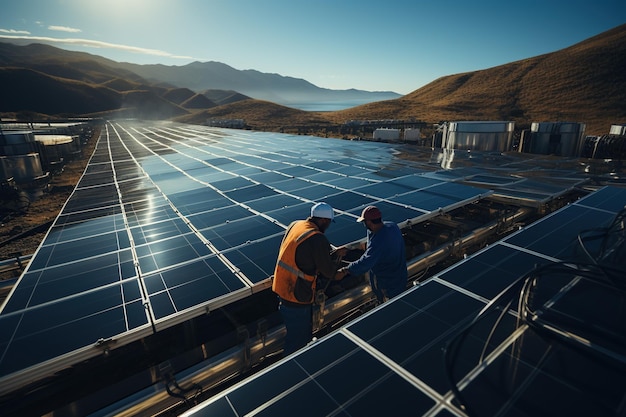 Workers are currently installing solar panels in a vast area making it a largescale solar installation project Generated with AI