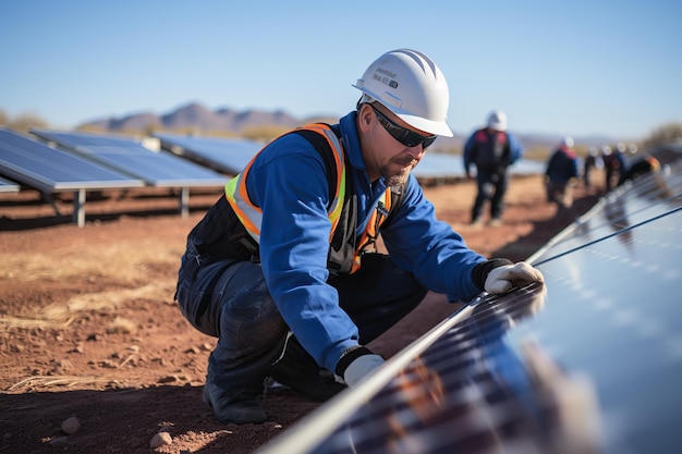 Workers are currently installing solar panels in a vast area making it a largescale solar installation project Generated with AI