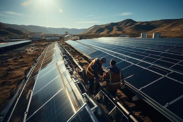 Workers are currently installing solar panels in a vast area making it a largescale solar installation project Generated with AI